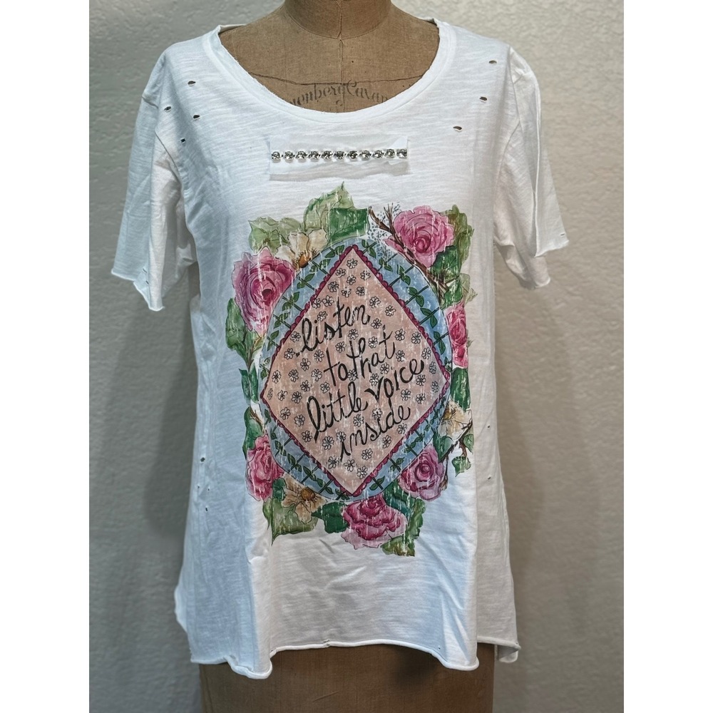 A Rare Bird Women White Distressed Floral Inner Voice Rhinestone Tee L/XL NWT